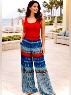 BISOU BISOU | L | Michele Bohbot NWT Sheer Gauze Palazzo Pants Shorts Ikat Boho